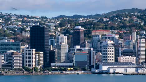 Layers-of-waterfront-office-buildings-in-the-central-business-district-and-hills-with-residential-houses-in-the-capital-city-Wellington,-New-Zealand-Aotearoa