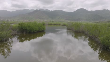 Luftüberführung-Eines-Flusses,-Der-Zum-Ozean-Führt,-Mit-Bergen-Im-Hintergrund-In-Sierra-Leone,-Afrika