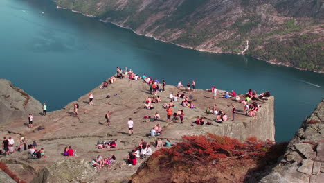 An-aerial-view-time-lapse-of-Preacher's-Pulpit-Pulpit-Rock,-is-a-famous-tourist-attraction-in-Forsand,-Ryfylke,-Norway