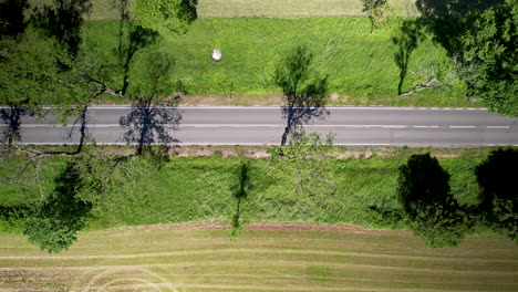 Aerial-drone,-views-the-shadows-of-trees,-between-farmsland