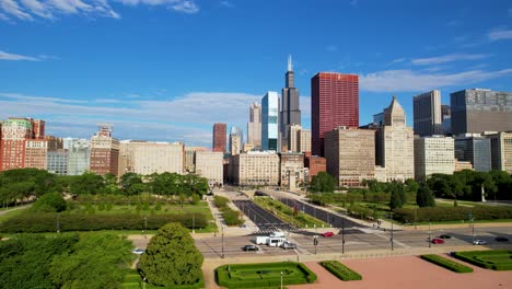 Green-Eco-Friendly-Park-With-Chicago-City-Skyline-Aerial-Drone