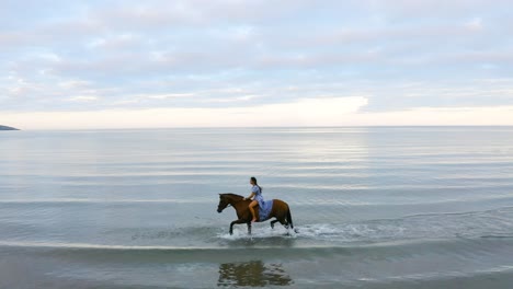Ein-Junges-Schönes-Brünettes-Mädchen-Mit-Langen-Haaren-In-Einem-Blauen-Fließenden-Kleid-Reitet-Auf-Einem-Braunen-Pferd-Am-Donabate-Beach,-Irland