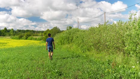Lost-Traveler-Walking-Alone-in-Dandelion-Field,-Hot-Summer-Day-in-Latvia