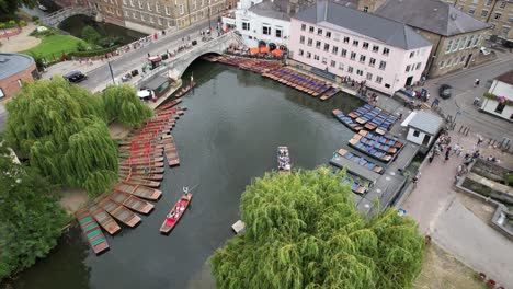 View-from-air-punts-moored-on-River-Cam-Cambridge-City-centre-UK