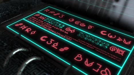 Hochwertiges-3D-CGI-Rendering-Mit-Schnellem,-Glattem-Orbit-Der-Alien-Technologie-Mit-Einer-Reflektierenden-Bildschirmanzeige,-Die-Eine-Anzeige-Von-Alien-Hieroglyphen-Zeigt,-Die-Sich-In-Zufälligen-Sequenzen-ändern