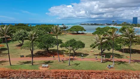Aerial-view-of-people-on-Segways-riding-along-path-at-Oahu-Hawaii