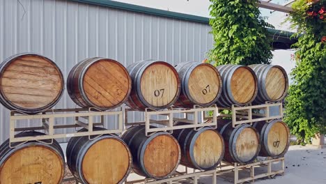 A-pan-shot-of-wine-barrels-at-a-small-vineyard-in-central-California