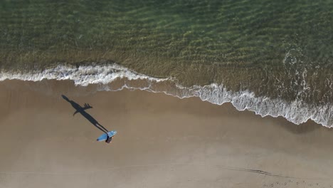 Lonely-surfer-walking-with-surfboard-on-beach,-shadow-on-sand