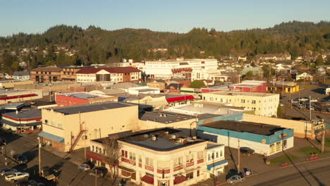 Aerial-view-of-Coquille,-Oregon-at-sunset-golden-hour