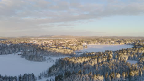 Aerial-view-flying-across-peaceful-winter-Scandinavian-woodland-sunlit-and-shaded-wintry-landscape