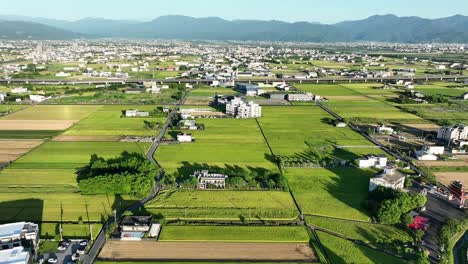Luftaufnahme-Von-Grünen-Reisfeldern,-Bauernhäusern-Und-Bergen-Mit-Blauem-Himmel-Im-Hintergrund---Taiwan,-Yilan-Stadt