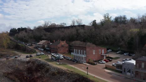 Close-up-aerial-shot-dollying-along-Natchez-Under-The-Hill-in-Natchez,-Mississippi