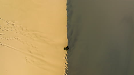 Blick-Von-Oben-Auf-Eine-Frau,-Die-Auf-Dem-Gipfel-Der-Sanddüne-Im-Death-Valley-National-Park-Im-Osten-Kaliforniens,-USA,-Spazieren-Geht