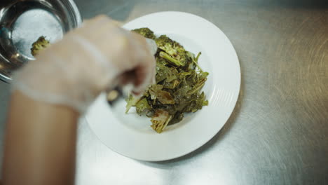 Chef-placing-broccoli-onto-plate-of-salad