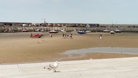 Group-Of-People-Walking-Across-Margate-Beach-At-Low-Tide-Wheeling-Canoes-With-Seagulls-Walking-Along-The-Kings-Steps