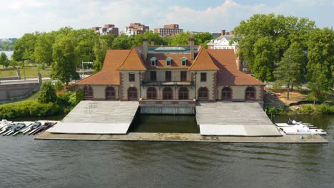 Close-Up-Drone-Shot-of-Weld-Boat-House,-Home-to-Harvard-Rowing