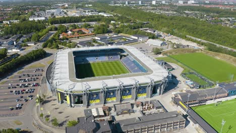 Cinematic-Establishing-Shot-of-Brondby-Stadium,-Denmark