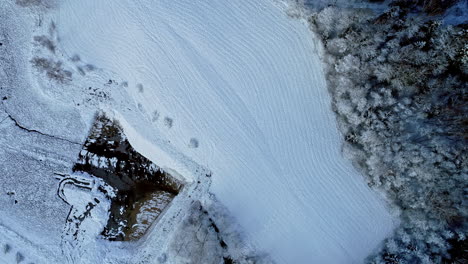 Aerial-drone-top-view-of-the-frozen-lake-surrounded-by-snow-covered-forest-at-daytime