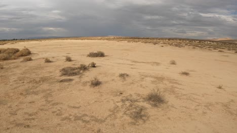Vuelo-De-Alta-Velocidad-En-Primera-Persona-Sobre-El-Paisaje-Llano-Del-Desierto-De-Mojave-En-Un-Día-Nublado