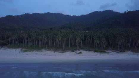 Aerial-pedestal-up-tilting-down-on-empty-beach-with-palm-trees-and-calm-waves-at-dusk-on-Long-Beach,-Palawan,-the-Philippines