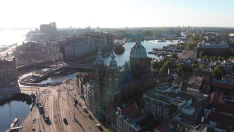 Aerial-view-of-St-Nicholas´s-Basilica-in-Amsterdam,-Netherlands