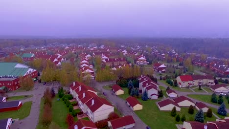 Aerial-view-of-a-Russian-neighborhood-on-a-foggy-autumn-day