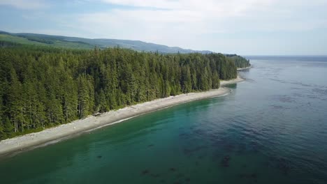 Antenne-Tagsüber-Weitschuss-Fliegt-über-Türkisfarbenen-Ozean-In-Richtung-Unberührter-Sandstrandküste-Und-Alten-Pinienwaldbäumen-Auf-Vancouver-Island-British-Columbia-Kanada