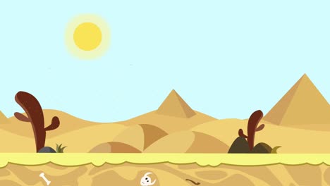 Schöne-Hintergrundanimation-Einer-Sonnigen-Wüstenlandschaftsillustration-Mit-Pyramiden,-Kakteen-Und-Dünen,-Flacher-Karikaturstil