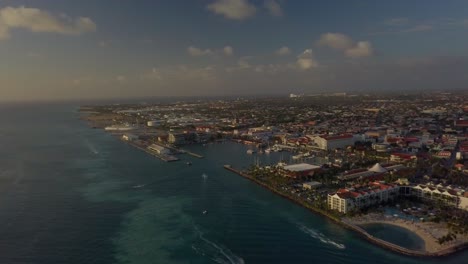 Aerial-overview-of-the-marina-and-city-Oranjestad-of-Aruba-on-a-sunny-day-4K