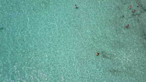 Aerial-footage-of-people-bathing-at-a-shallow-sandy-beach