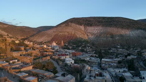 Aerial-shot-of-the-ghost-town-Real-de-Catorce-in-the-sunset,-San-Luis-Potosi-Mexico