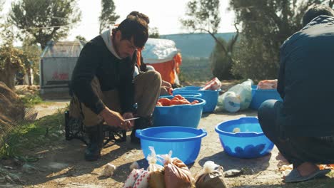 Los-Refugiados-Cortan-Verduras-Para-Comer-En-Comunidad-En-El-Olivar-Del-Campamento-De-Moria.