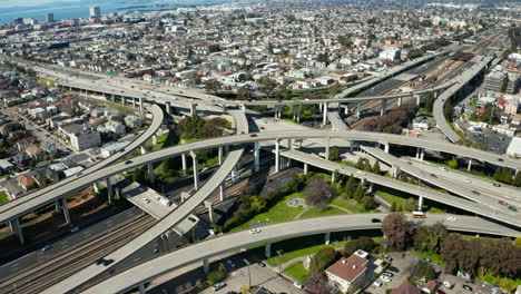 Aerial-Shot-of-Bay-Area-Junction-in-Oakland-going-to-San-Francisco-I-80-Freeway