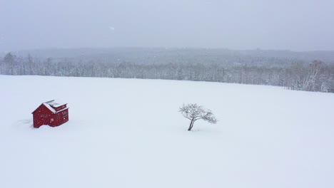 Flying-towards-a-red-barn-and-an-apple-tree-on-a-snow-covered-field-AERIAL-SLOW-MOTION-AERIAL