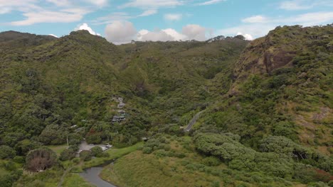 Luftaufnahme-Von-Lebensstilhäusern-In-Neuseeländischen-Hügeln-Mit-Einheimischem-Wald