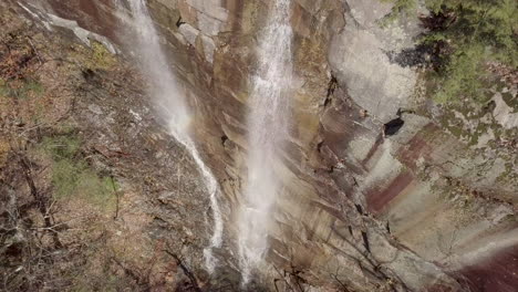 Top-down-drone-shot-going-down-on-big-waterfall-in-Vermont