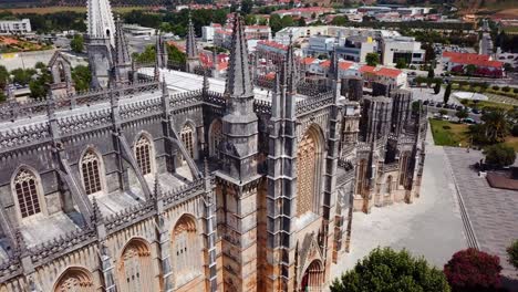 Aerial-close-shot-of-roof-of-Batalha-Monaster,-Portugal