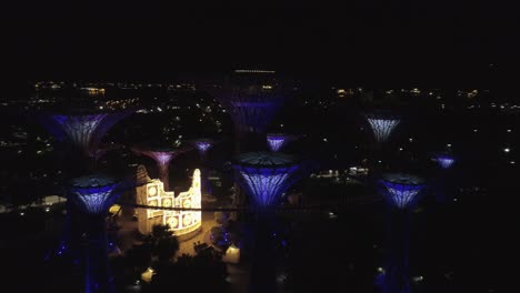 Flying-and-paning-around-giants-mushroom-konstruktion-and-Singapore-gardes-by-the-bay-at-night-when-lights-shining-and-glowing---aerial-drone-shot