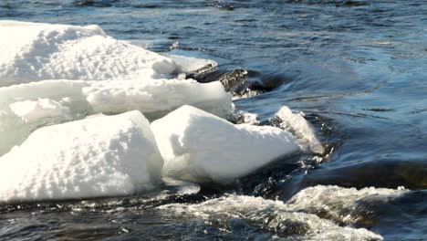 River-in-the-north-of-sweden-during-april-slowly-melting-in-the-sun,-shot-on-tripod