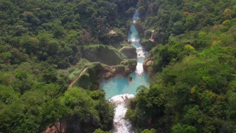 Aerial-cenital-shot-revealing-the-Velo-de-Novia-waterfall-in-the-Chiflon-park,-Chiapas