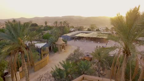 Happy-Village-in-the-Desert-with-Palm-Trees-during-Sunset-with-People-Walking-across