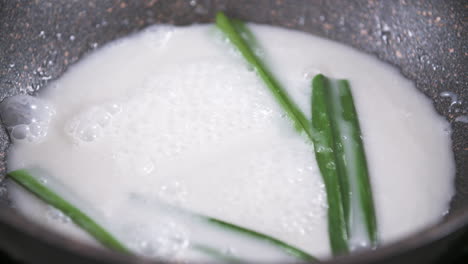 Cooking-Sweet-Coconut-Milk-with-Pandan-Leaves-for-Mango-Sticky-Rice,-Sweet-Thai-Desert-Flavoring