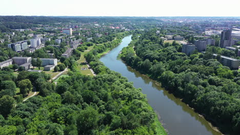 AERIAL:-Follow-Shot-of-River-Bights-with-Visible-Buildings-on-Each-Side-of-River