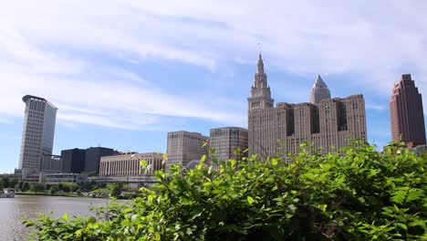 Cleveland,-Ohio-skyline-panning-into-the-Cuyahoga-River