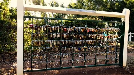 Love-Locks-fixed-to-a-fence-with-sweethearts-names-from-people-from-all-around-the-world,-Toowoomba-Queensland