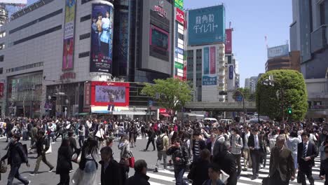 Shibuya-crossing-in-Tokyo-city-sending-people-in-all-directions,-Japan