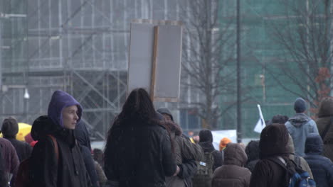 Wide-shot-behind-a-crowd-of-protesters-holding-flags-and-placards-in-Citizens'-Square,-Helsinki,-cold-snowy-day