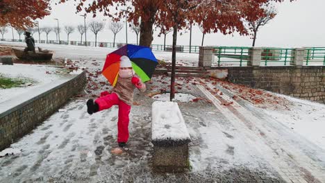 Little-child-girl-with-umbrella-of-many-colors-plays-kicking-snowball