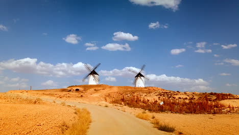 hyper-lapse-moving-clouds,-Old-windmills-in-madrid,-castilla-de-la-mancha,-toledo