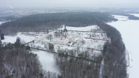 AERIAL:-Pažaislis-Monastery-in-Winter-Time-in-Rural-Kaunas-Area